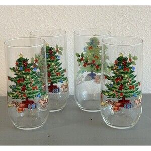 Vintage Luminarc Noel Christmas Tree 16 Oz Set of 4 Glasses Holiday Tumblers